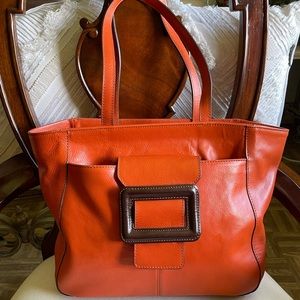 Anna Paola Italy Orange Leather Women Double Handles Tote Shoulder Handbag